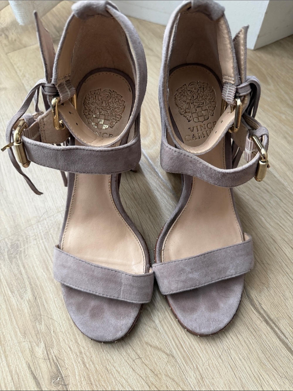 Vince Camuto Taupe Suede Block Heel Sandals with Fringe Ties - Picture 2 of 5